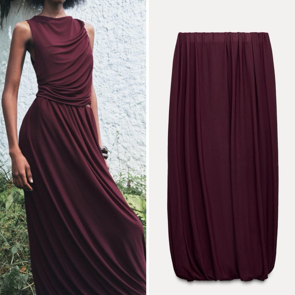 Zara NWT Burgundy elastic waistband balloon midi skirt, stretchy material